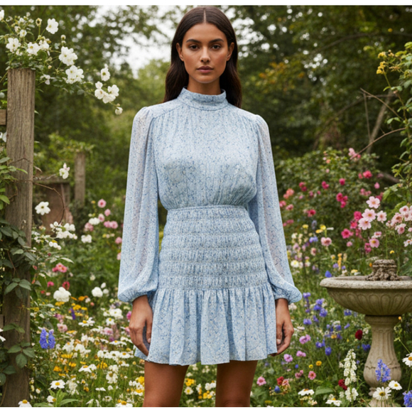 House of Harlow SHONA JOY Mock Neck LongSleeve Smocked Mini Dress Pale Blue sz M - Picture 1 of 16